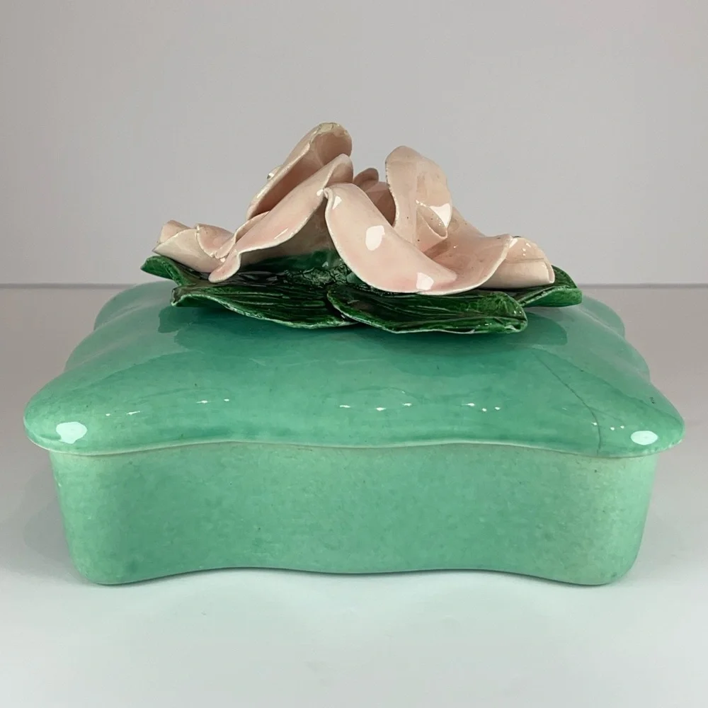 Vintage turquoise porcelain pink roses trinket jewelry box